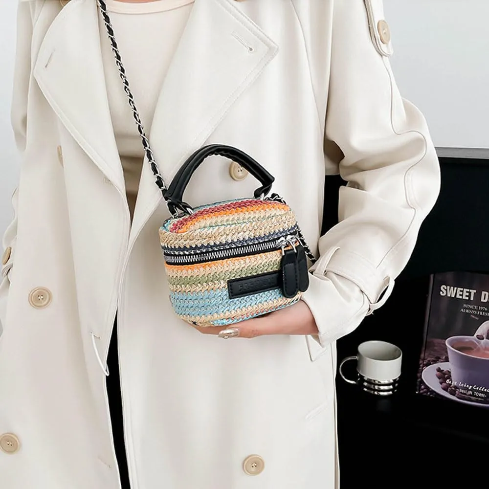 Women's Colorful Straw Crossbody Bag with Chain Strap Stylish Versatile Handbags