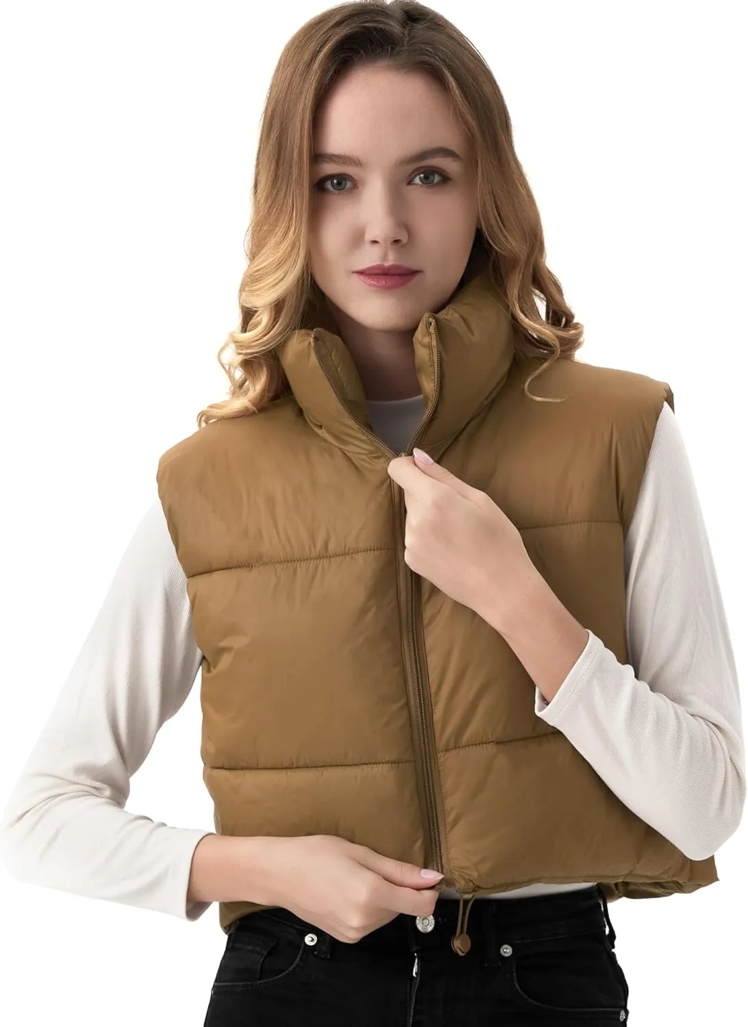 Women's Cropped Puffer Vest Lightweight Sleeveless Warm Vests For Women Winter Stand Collar Padded Gilet