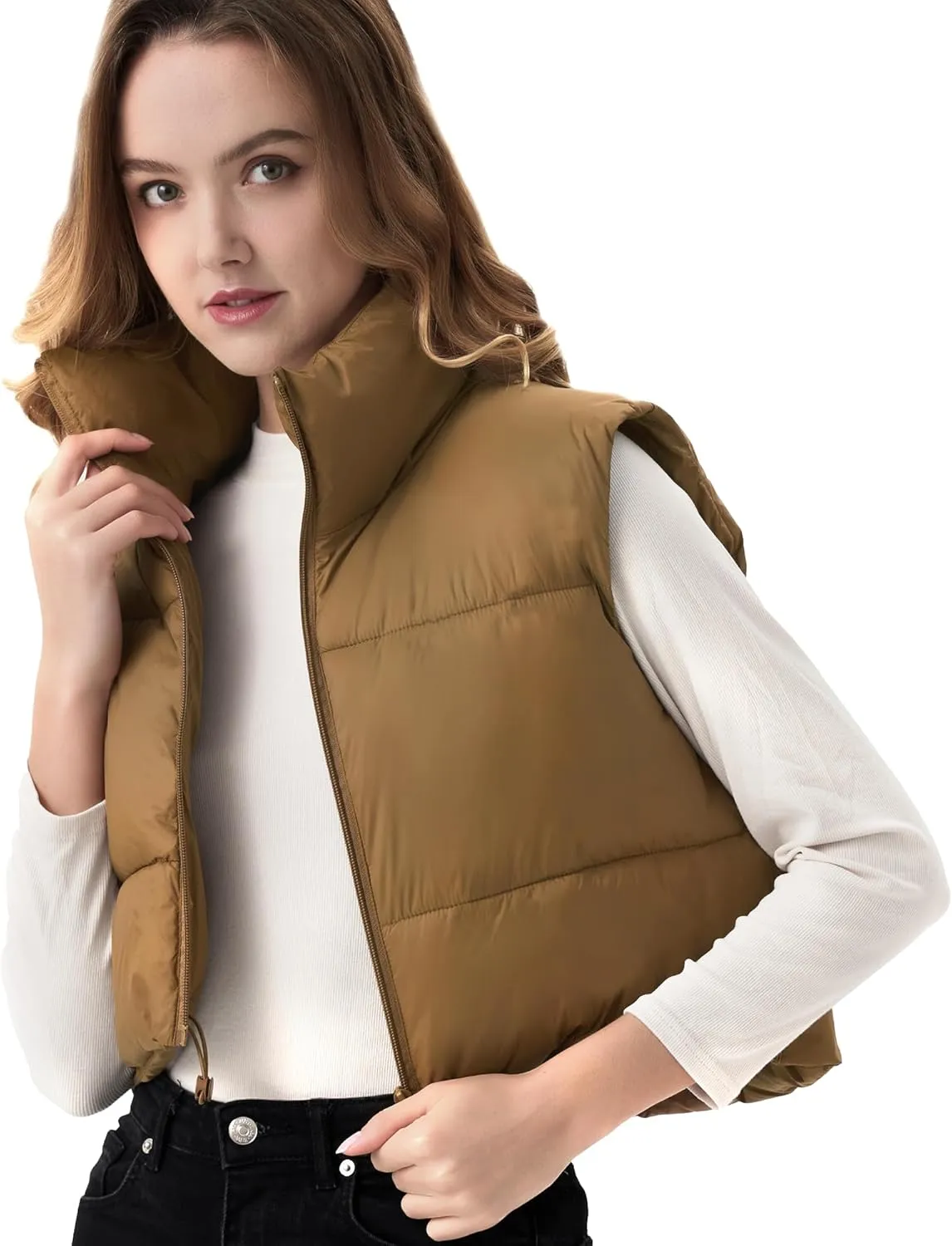 Women's Cropped Puffer Vest Lightweight Sleeveless Warm Vests For Women Winter Stand Collar Padded Gilet