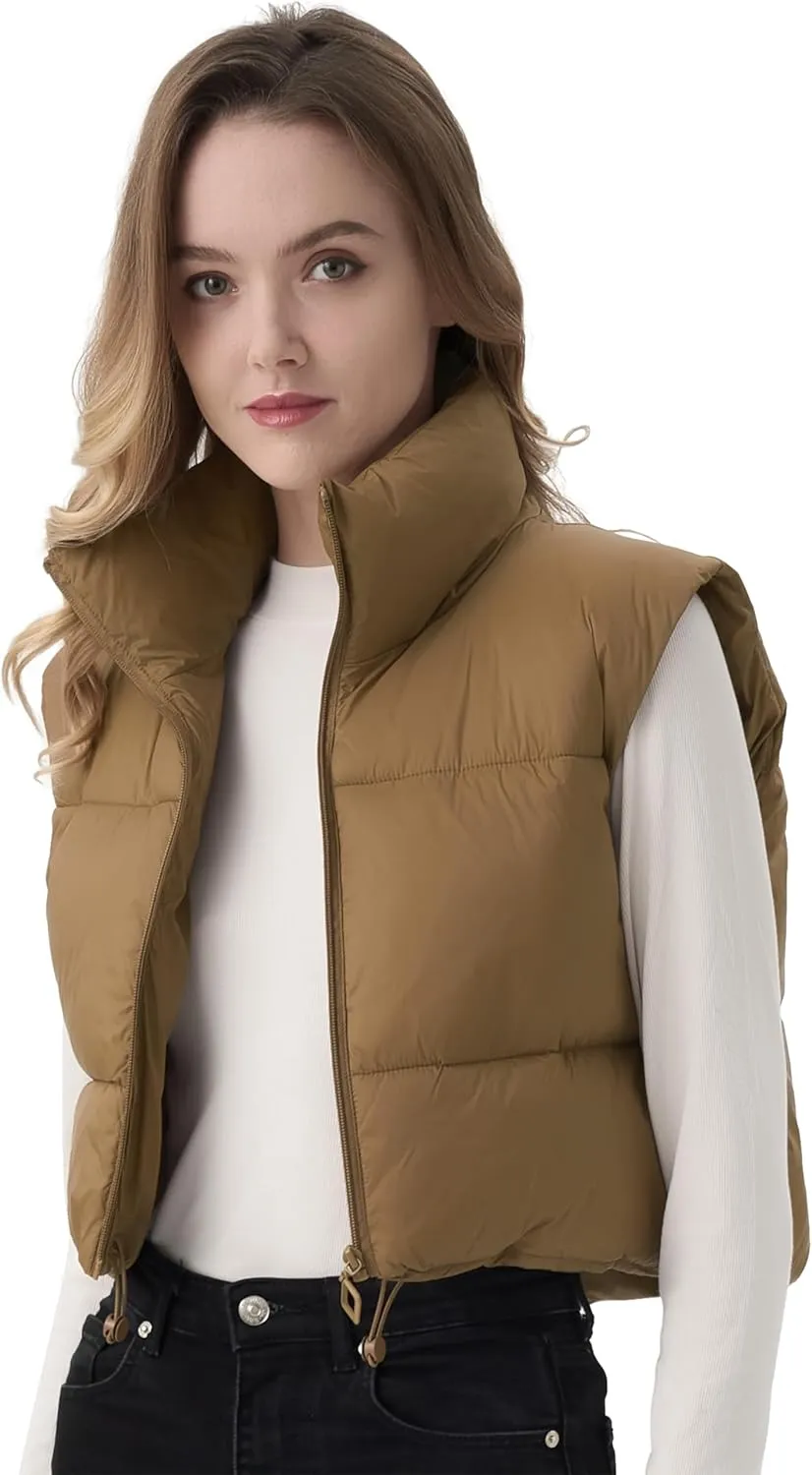 Women's Cropped Puffer Vest Lightweight Sleeveless Warm Vests For Women Winter Stand Collar Padded Gilet
