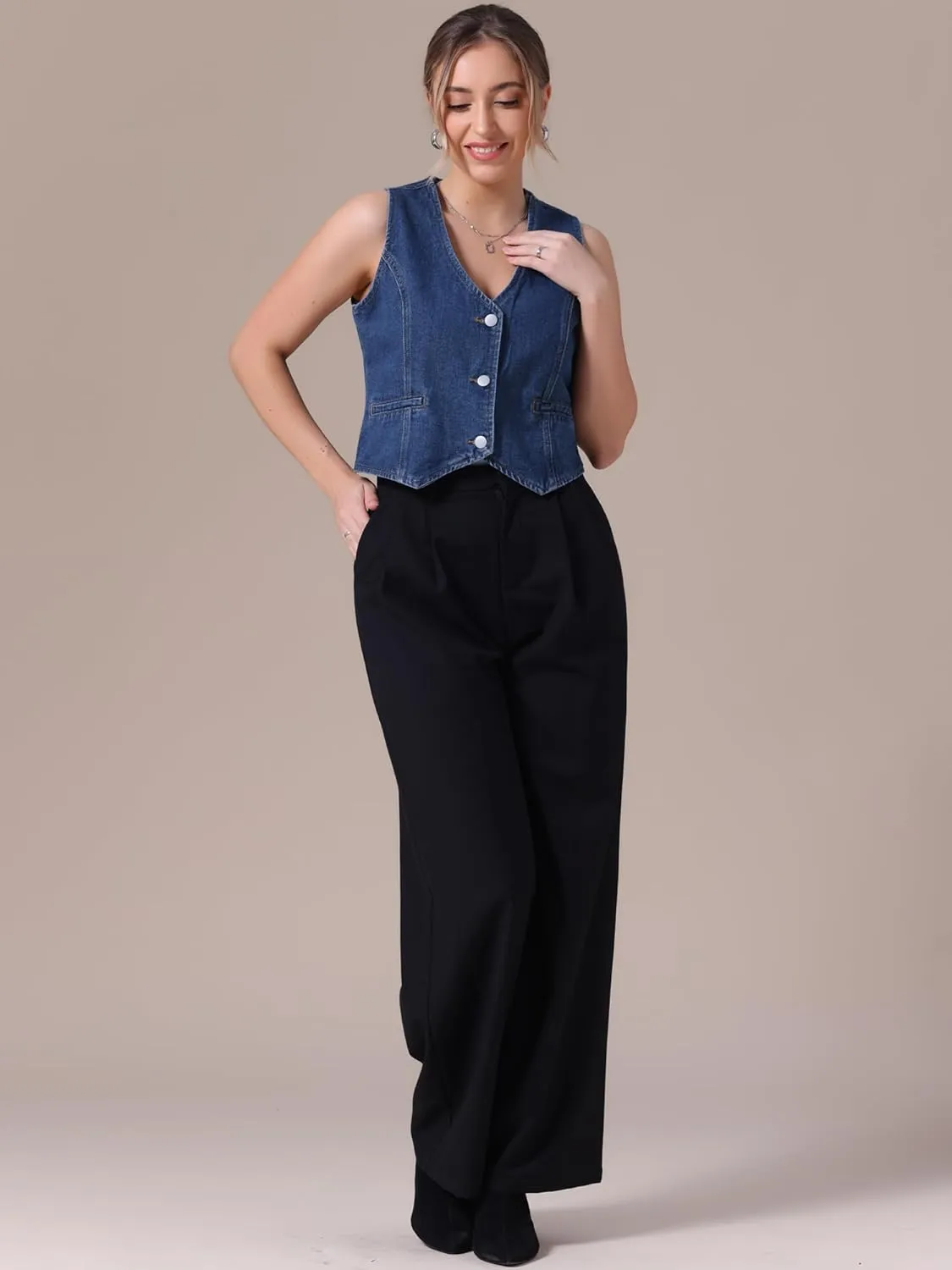 Women's Denim Vest V Neck Button Down Sleeveless Waistcoat Vest Top Western Outfits Casual Jean Vests