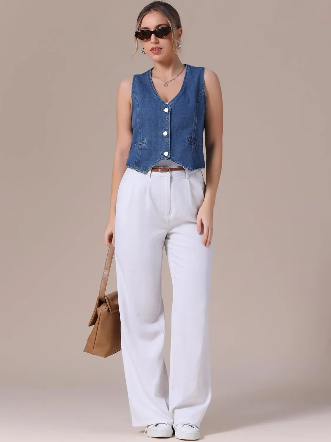 Women's Denim Vest V Neck Button Down Sleeveless Waistcoat Vest Top Western Outfits Casual Jean Vests