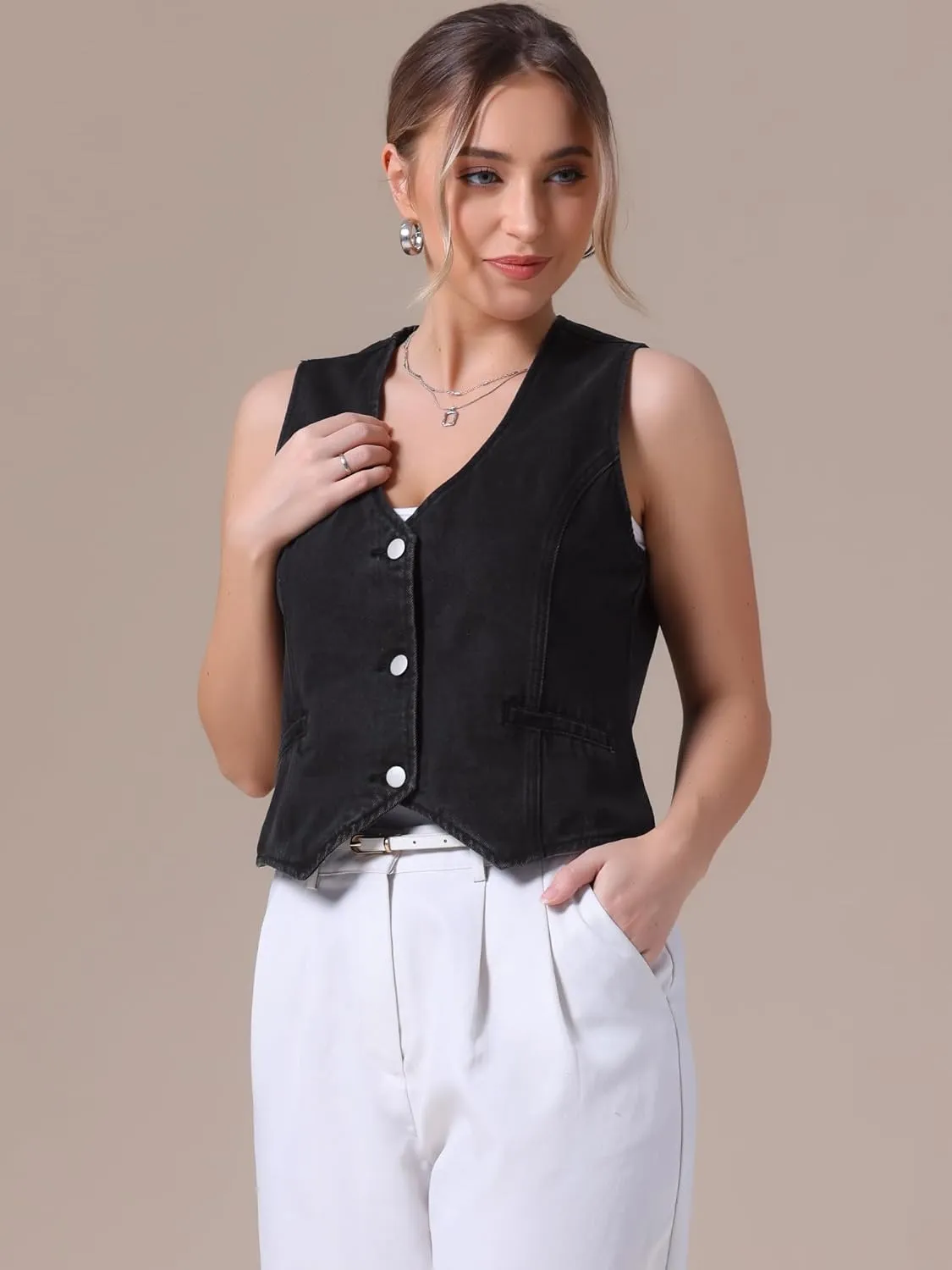 Women's Denim Vest V Neck Button Down Sleeveless Waistcoat Vest Top Western Outfits Casual Jean Vests