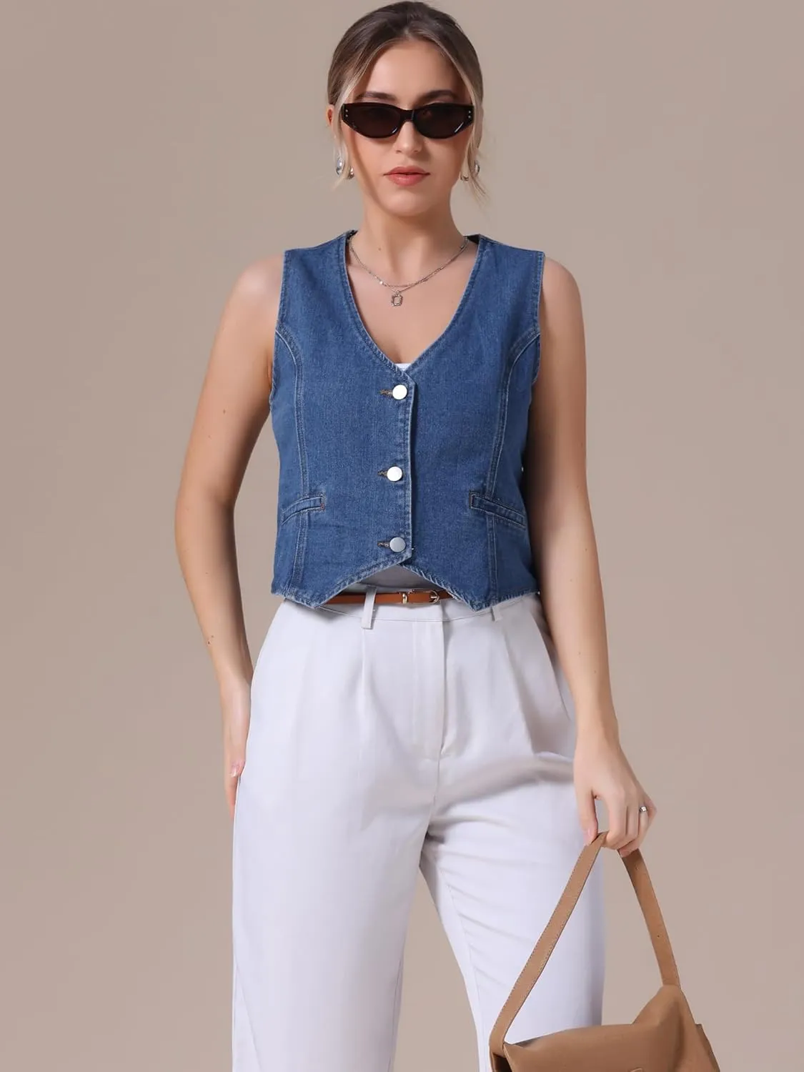 Women's Denim Vest V Neck Button Down Sleeveless Waistcoat Vest Top Western Outfits Casual Jean Vests