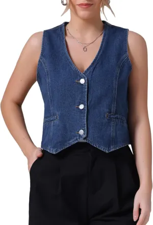 Women's Denim Vest V Neck Button Down Sleeveless Waistcoat Vest Top Western Outfits Casual Jean Vests