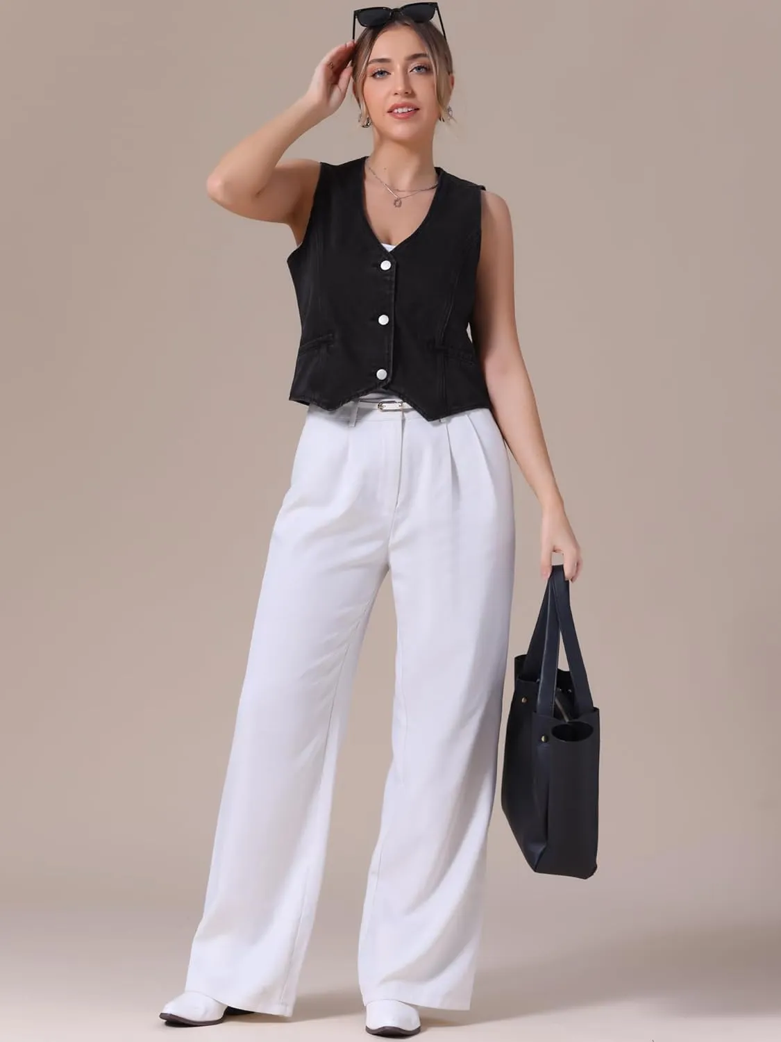 Women's Denim Vest V Neck Button Down Sleeveless Waistcoat Vest Top Western Outfits Casual Jean Vests