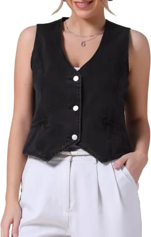 Women's Denim Vest V Neck Button Down Sleeveless Waistcoat Vest Top Western Outfits Casual Jean Vests