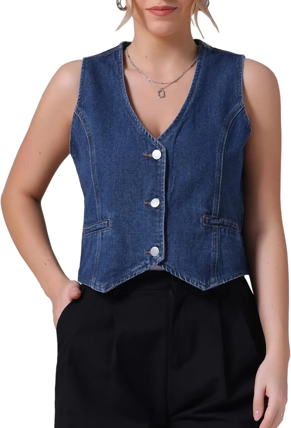 Women's Denim Vest V Neck Button Down Sleeveless Waistcoat Vest Top Western Outfits Casual Jean Vests