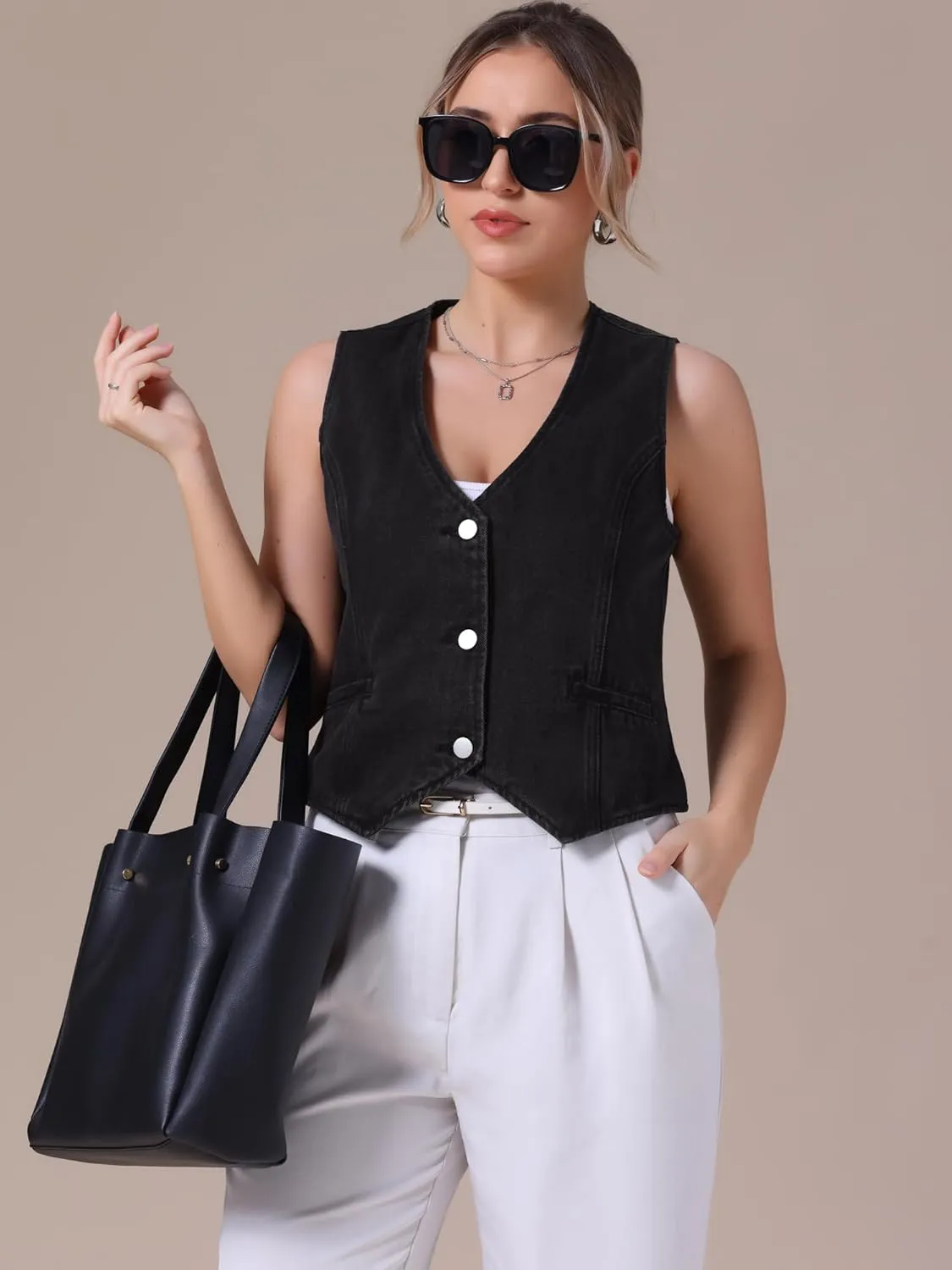 Women's Denim Vest V Neck Button Down Sleeveless Waistcoat Vest Top Western Outfits Casual Jean Vests