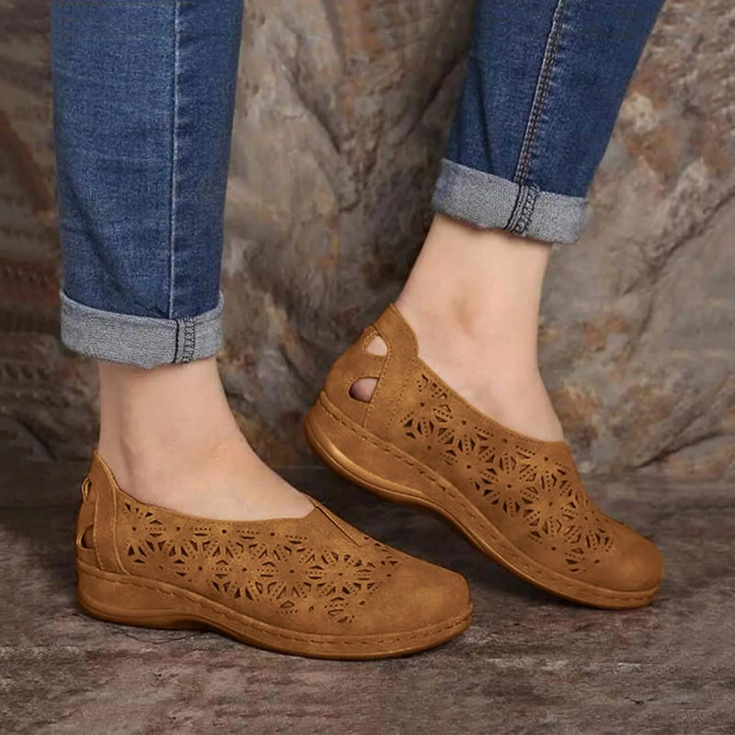 Womens Dress Shoes Cutout Flats Orthopedic Slip On Walking Comfort Shoes Lightweight Casual Daily Use