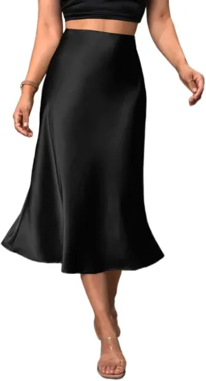 Women's Elegant Satin Midi Skirt - High-Waisted, Stretchy, and Versatile for Every Occasion
