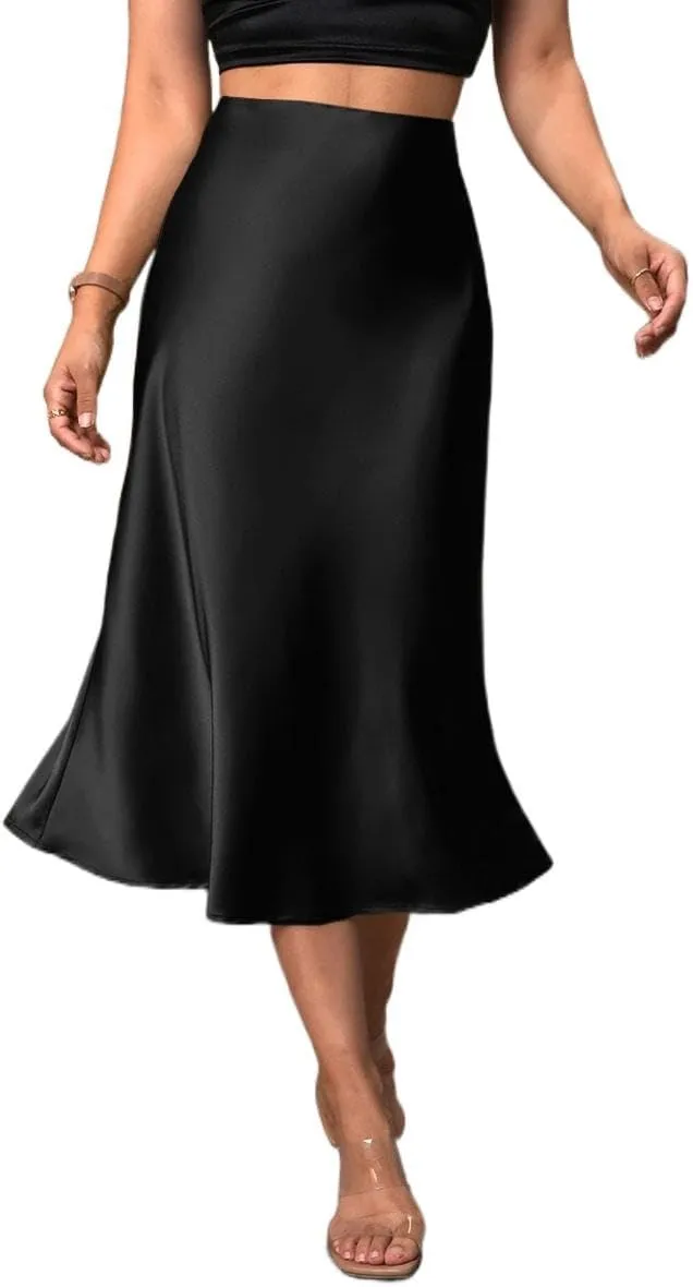 Women's Elegant Satin Midi Skirt - High-Waisted, Stretchy, and Versatile for Every Occasion