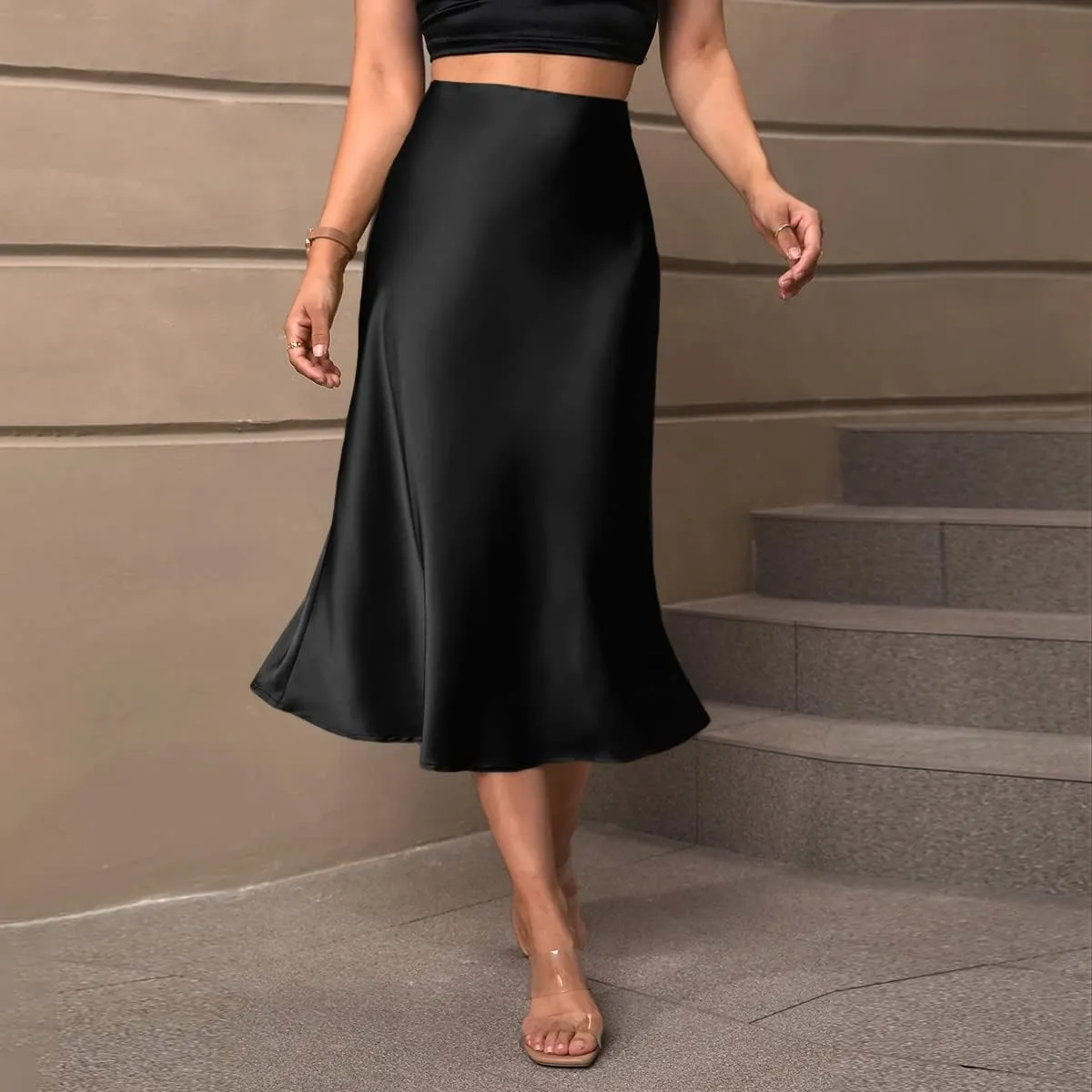 Women's Elegant Satin Midi Skirt - High-Waisted, Stretchy, and Versatile for Every Occasion