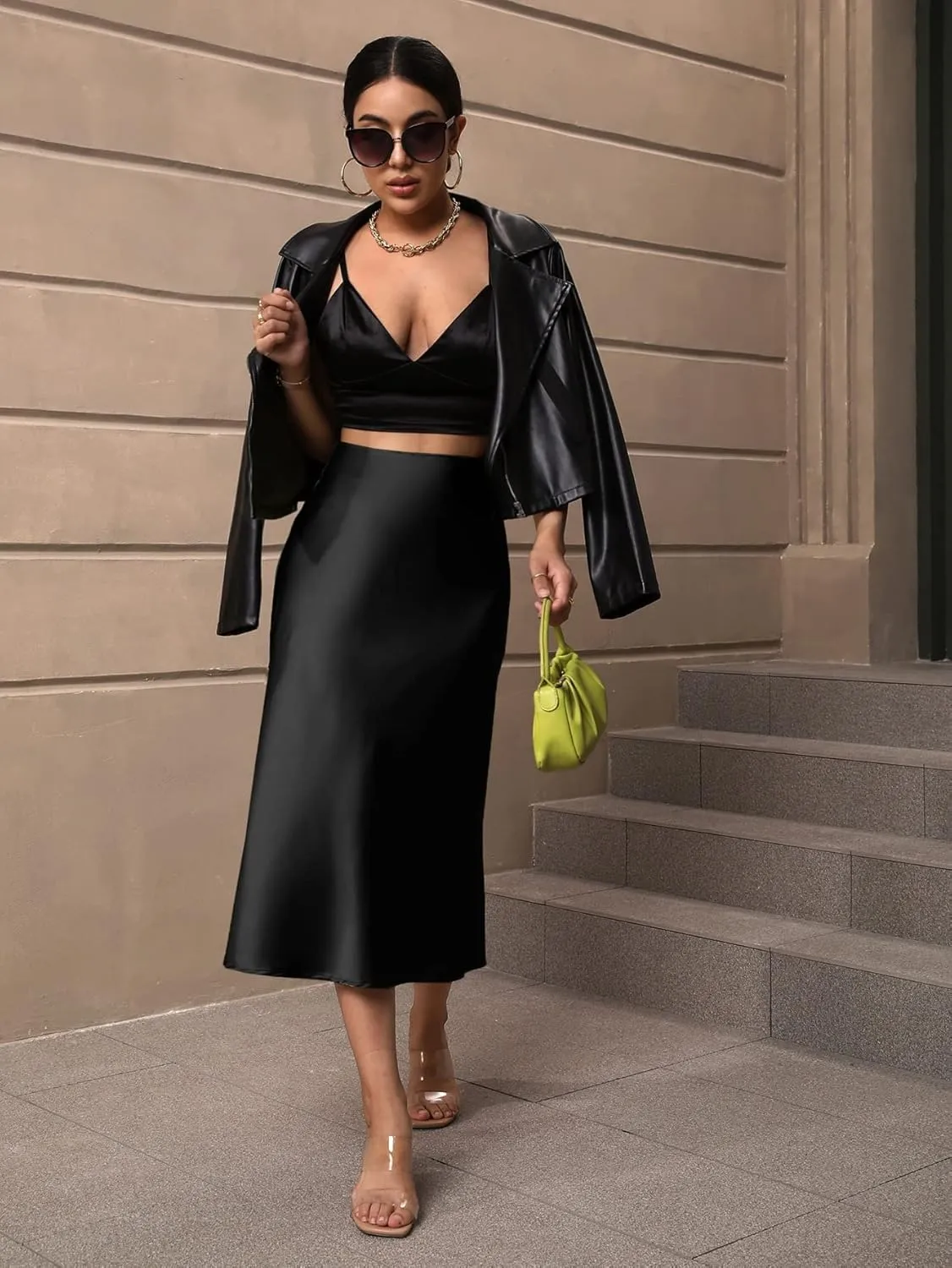 Women's Elegant Satin Midi Skirt - High-Waisted, Stretchy, and Versatile for Every Occasion