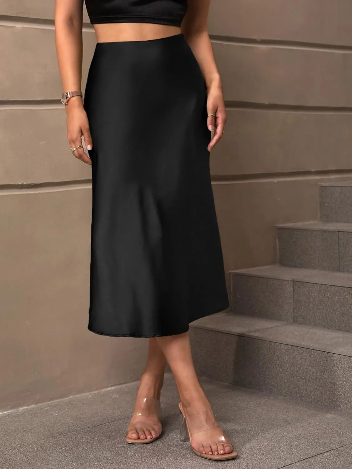 Women's Elegant Satin Midi Skirt - High-Waisted, Stretchy, and Versatile for Every Occasion