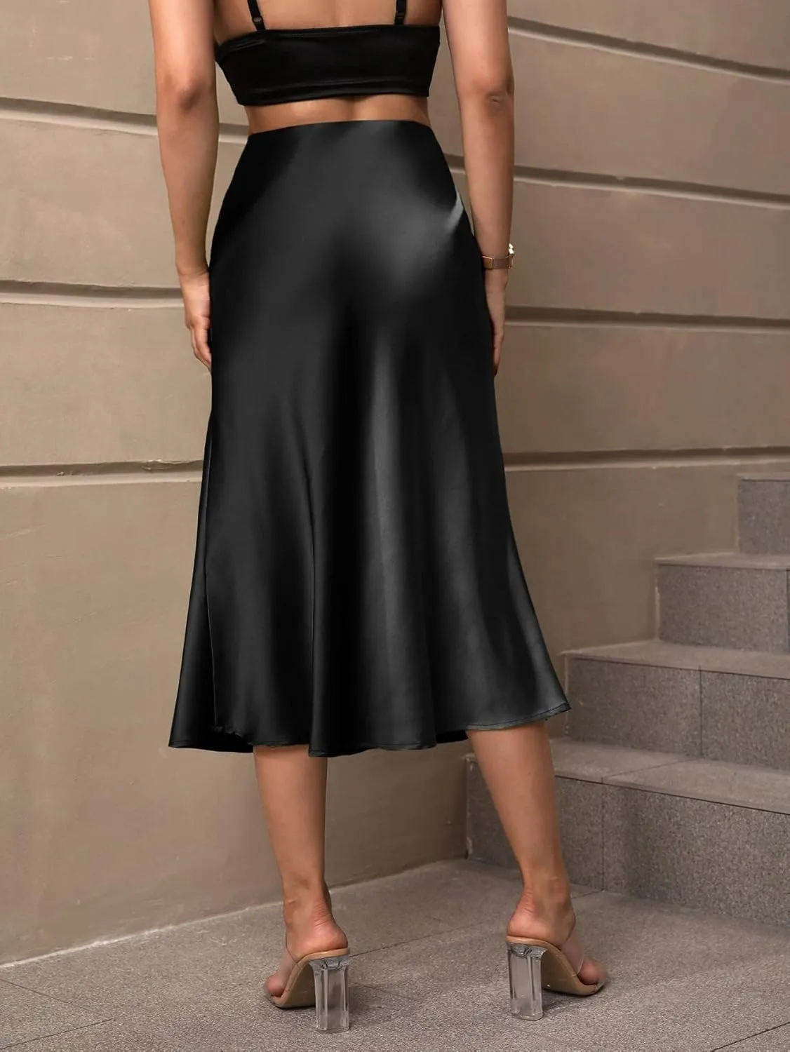 Women's Elegant Satin Midi Skirt - High-Waisted, Stretchy, and Versatile for Every Occasion