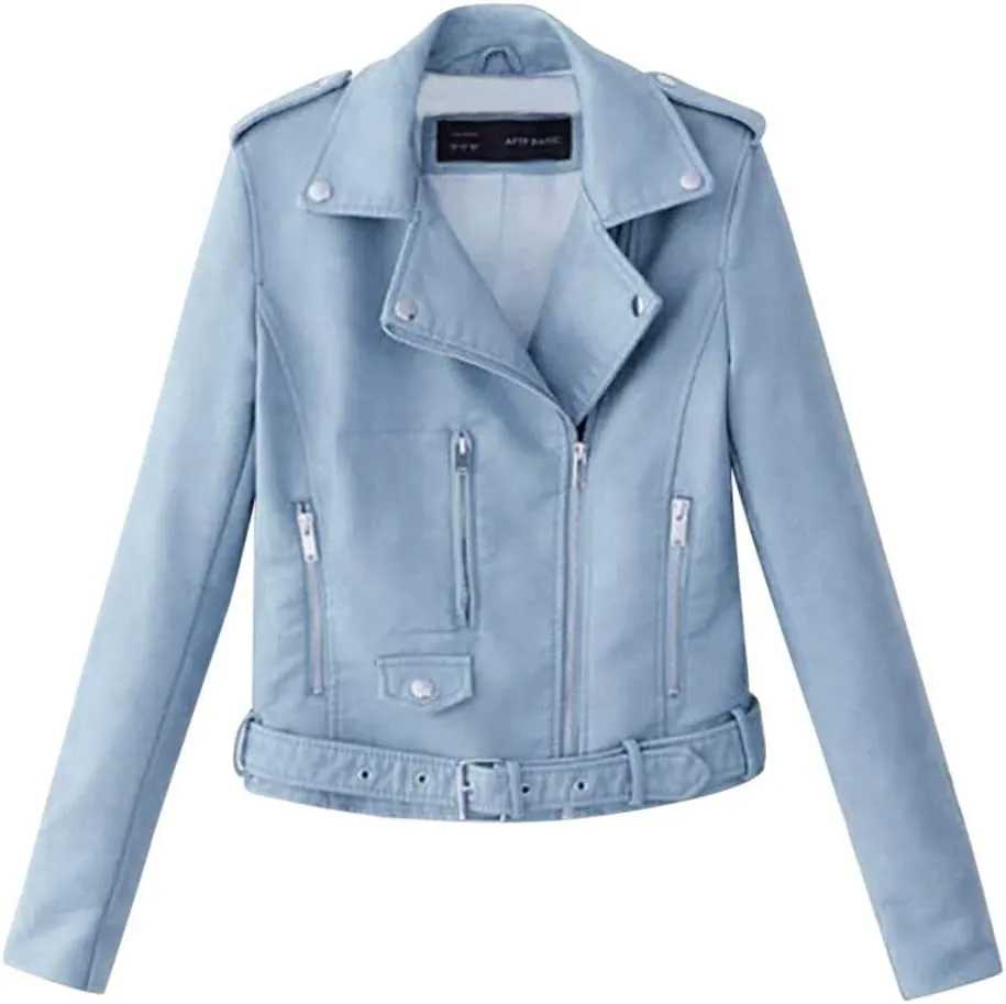 Women's Faux Leather Moto Biker Jacket Classic Asymmetrical Motorcycle Jacket Short Pu Slim Coat Zipper Cropped Jacket