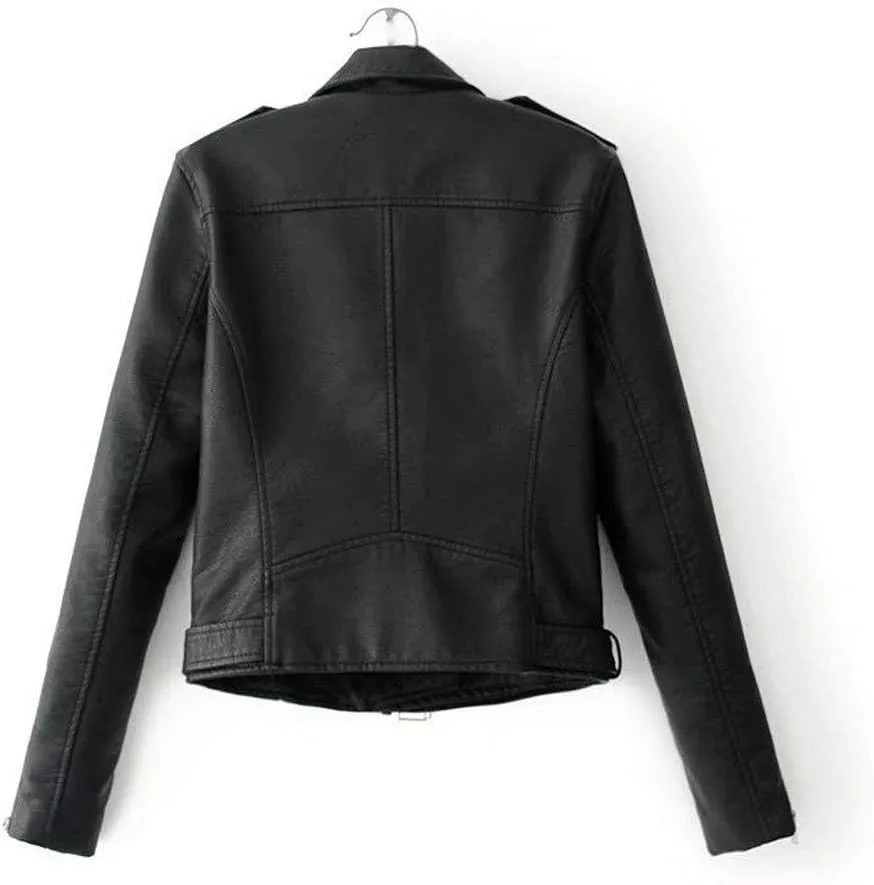 Women's Faux Leather Moto Biker Jacket Classic Asymmetrical Motorcycle Jacket Short Pu Slim Coat Zipper Cropped Jacket