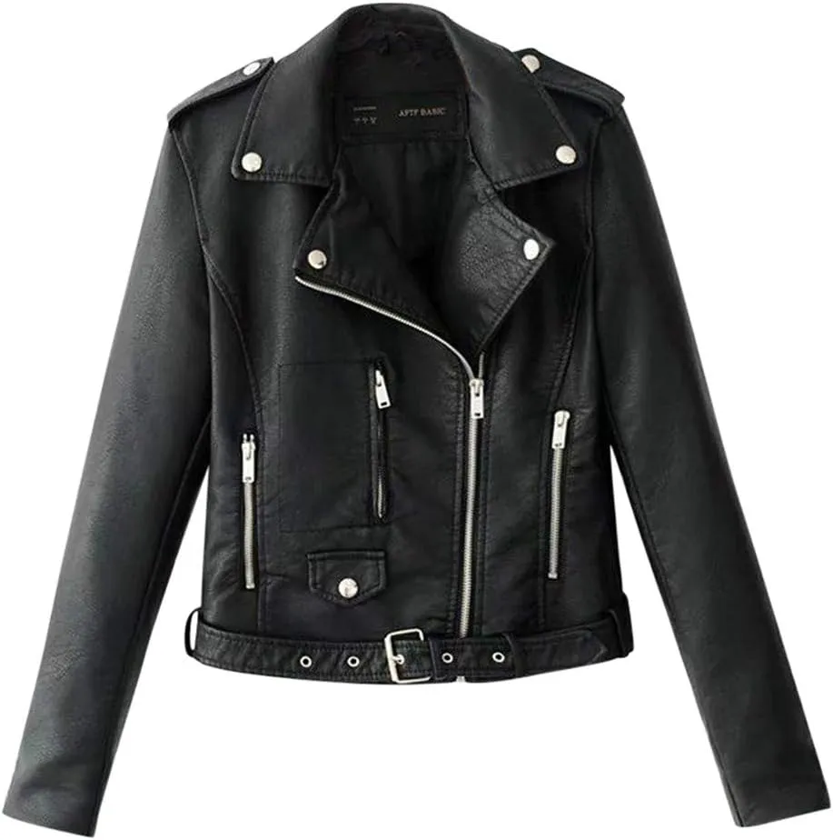 Women's Faux Leather Moto Biker Jacket Classic Asymmetrical Motorcycle Jacket Short Pu Slim Coat Zipper Cropped Jacket