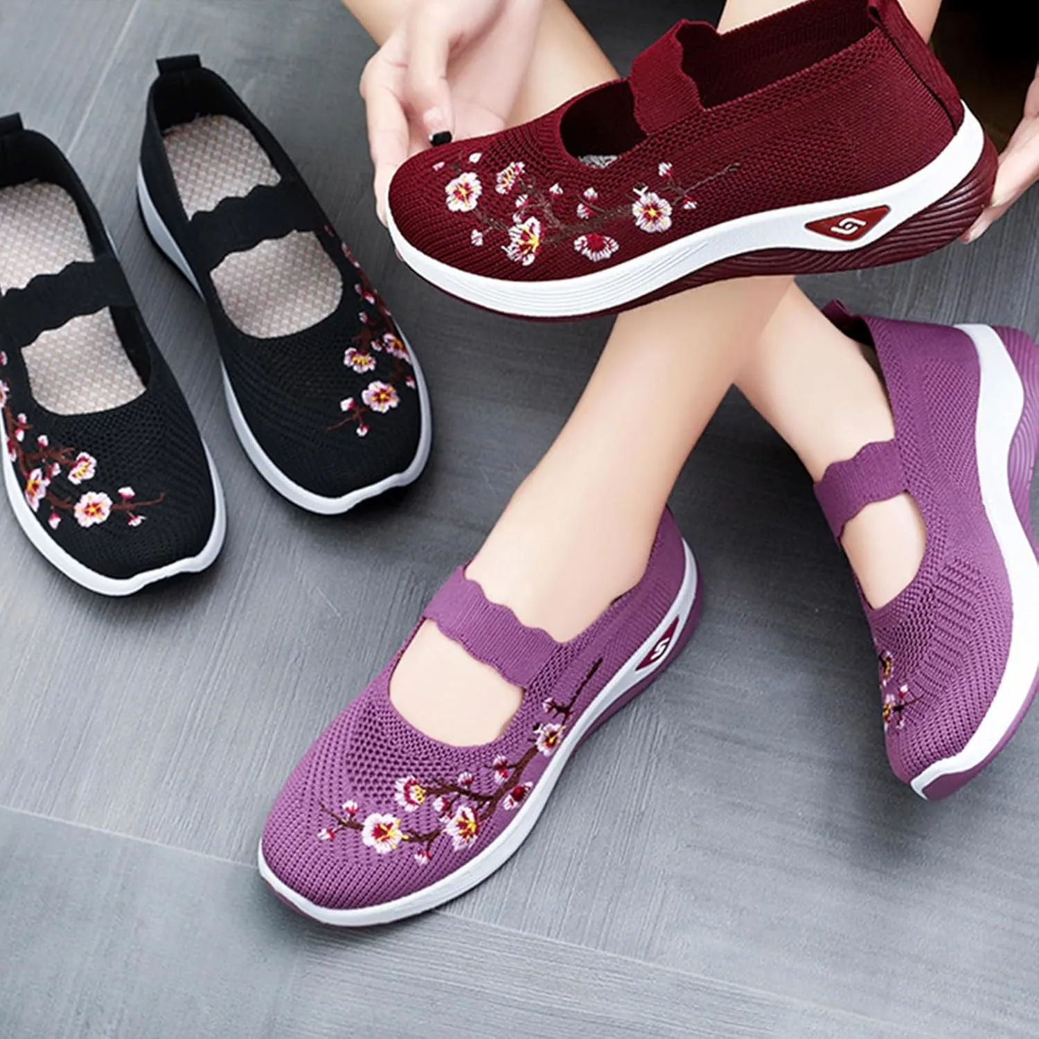 Women's Flower Embroidered Knitting Flat Loafers Casual Breathable Mesh Slip-On Orthopedic Shoes Lightweight Comfortable Soft Sole Walking Shoes with Arch Support