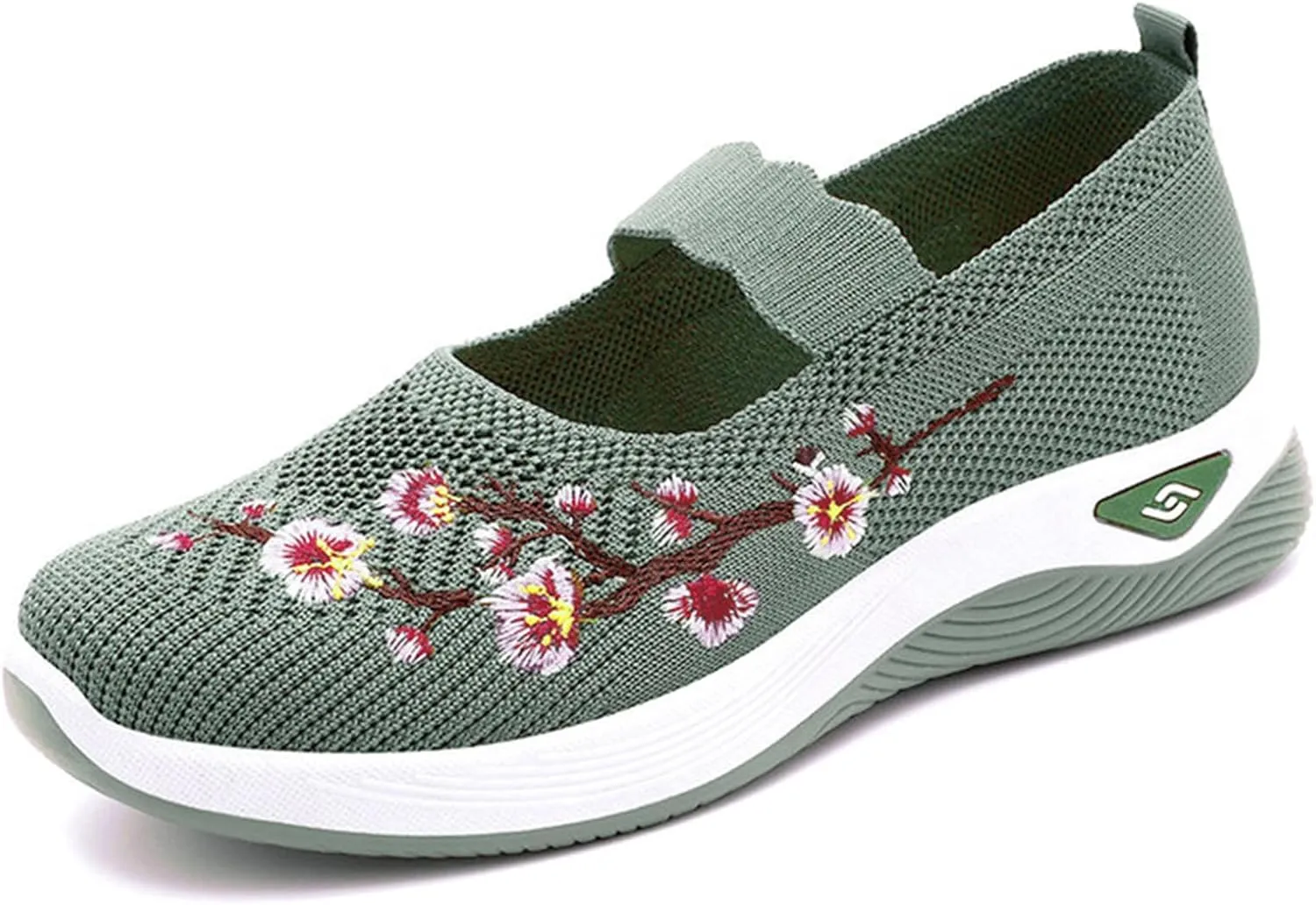 Women's Flower Embroidered Knitting Flat Loafers Casual Breathable Mesh Slip-On Orthopedic Shoes Lightweight Comfortable Soft Sole Walking Shoes with Arch Support