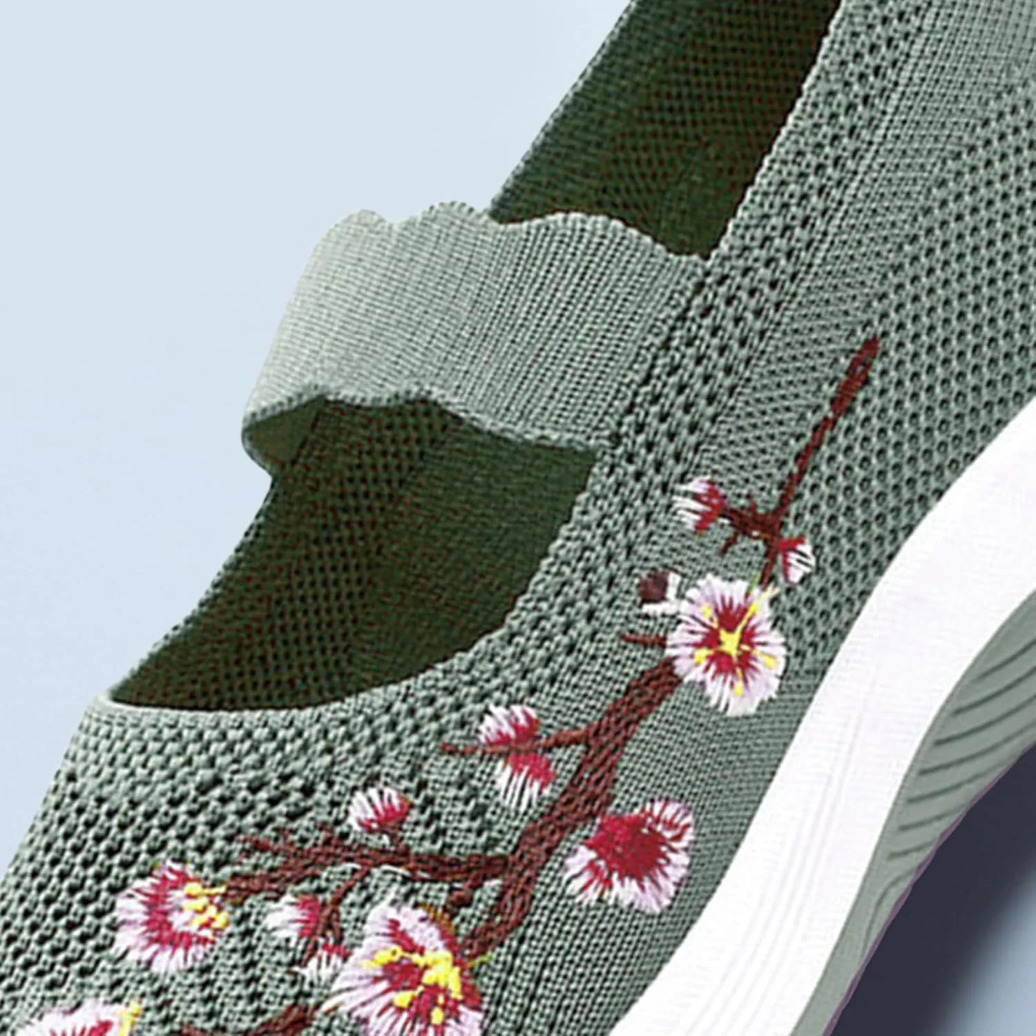 Women's Flower Embroidered Knitting Flat Loafers Casual Breathable Mesh Slip-On Orthopedic Shoes Lightweight Comfortable Soft Sole Walking Shoes with Arch Support