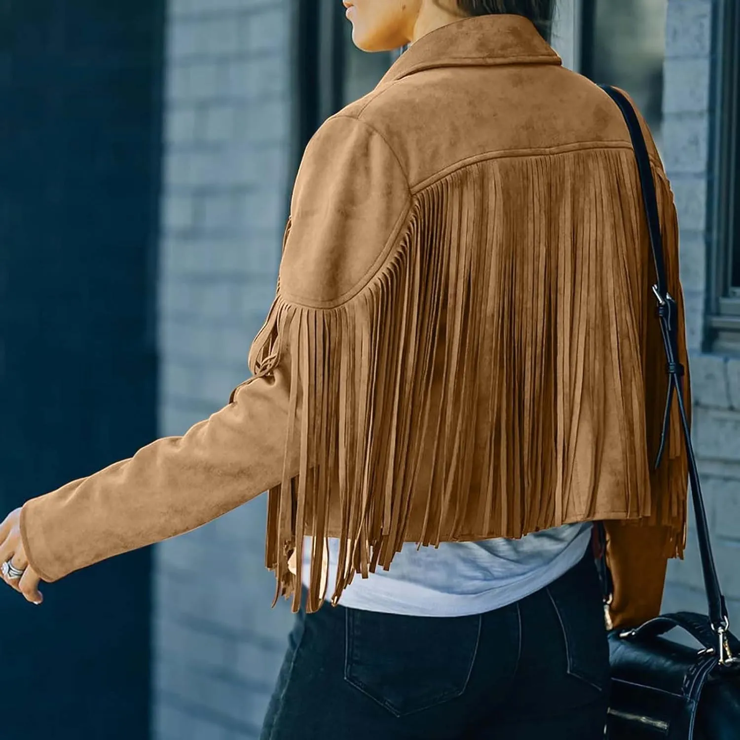 Women's Fringe Jackets Suede Tassel Jacket Crop Moto Biker Jackets Open Front Tassel Coat Western Cowgitl Outfits