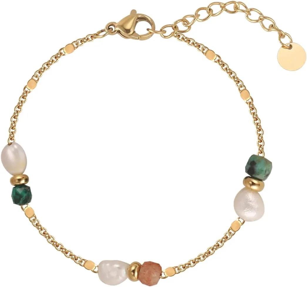 Women's Gold Beaded Bracelet 18 Gold Plated Delicate Square Crystal Pendant Bracelet Colored Crystal Bracelet Handmade Gemstone Beaded Bracelet Birthstone Bracelet