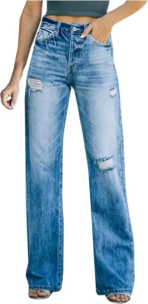 Women's High Waist Baggy Jeans Wide Leg Denim Jeans Flap Pocket Side Jeans Straight Casual Loose Trousers Classic Streetwear Blue, XX-Large