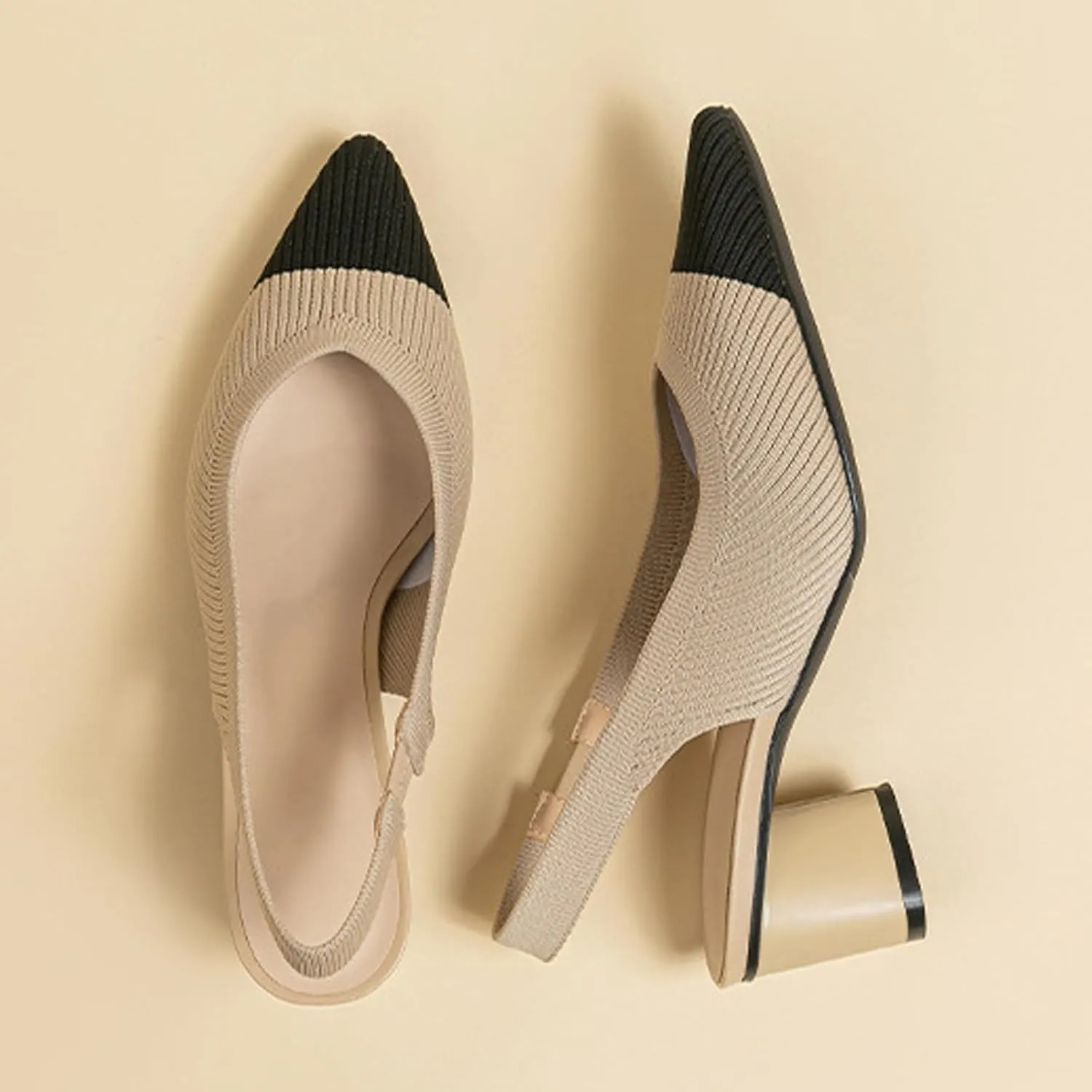 Women's Knitted Pointed Toe Slingback Heels Pumps,Comfortable Elastic Band Chunky Heel Sandals Low Heel Slip On Casual Work Office Dress Shoes