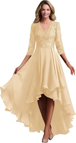 Women's Lace Appliques Chiffon Mother of The Bride Dresses V Neck High Low Formal Evening Dresses
