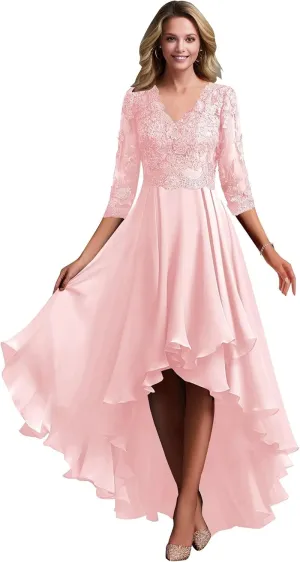 Women's Lace Appliques Chiffon Mother of The Bride Dresses V Neck High Low Formal Evening Dresses