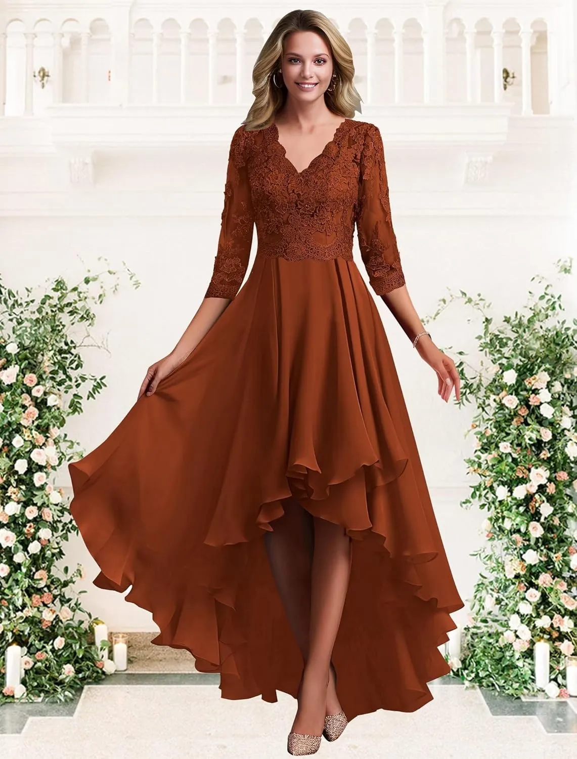Women's Lace Appliques Chiffon Mother of The Bride Dresses V Neck High Low Formal Evening Dresses