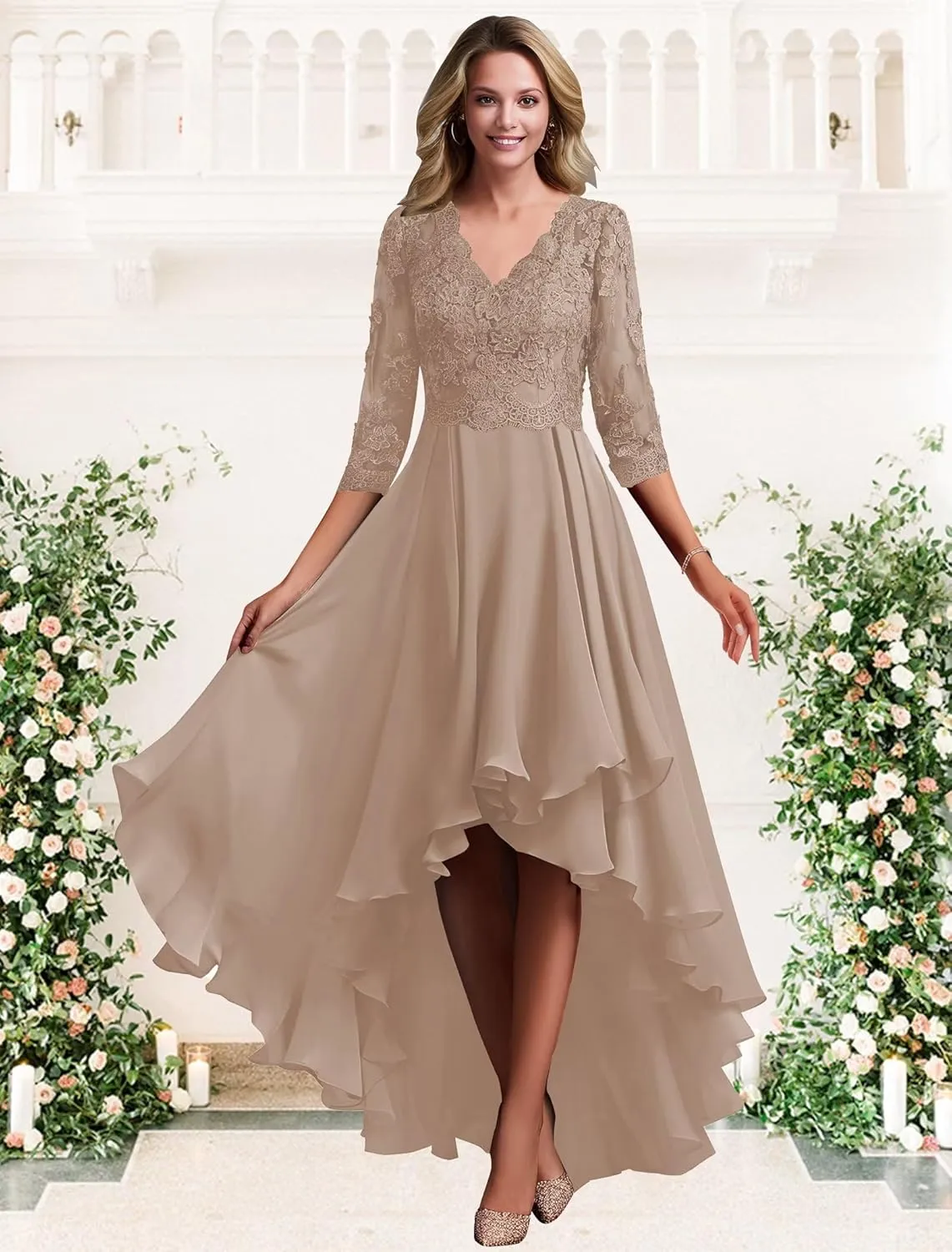 Women's Lace Appliques Chiffon Mother of The Bride Dresses V Neck High Low Formal Evening Dresses