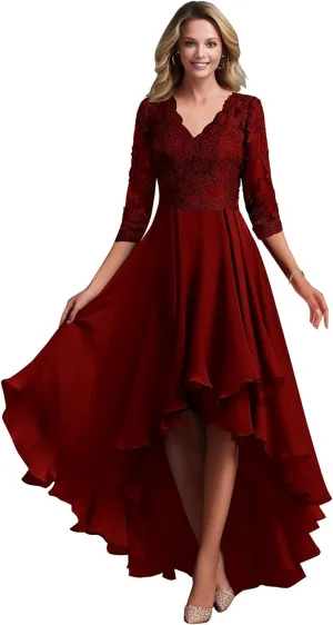 Women's Lace Appliques Chiffon Mother of The Bride Dresses V Neck High Low Formal Evening Dresses