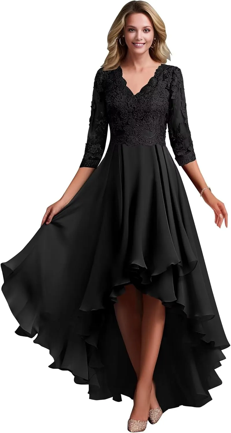 Women's Lace Appliques Chiffon Mother of The Bride Dresses V Neck High Low Formal Evening Dresses