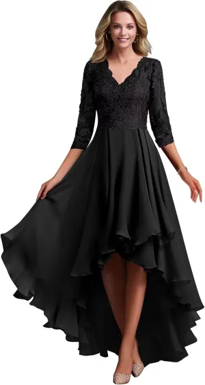 Women's Lace Appliques Chiffon Mother of The Bride Dresses V Neck High Low Formal Evening Dresses