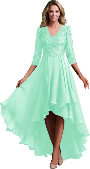 Women's Lace Appliques Chiffon Mother of The Bride Dresses V Neck High Low Formal Evening Dresses