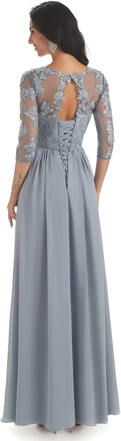 Women's Lace Appliques Chiffon Mother of The Bride Dresses V Neck High Low Formal Evening Dresses