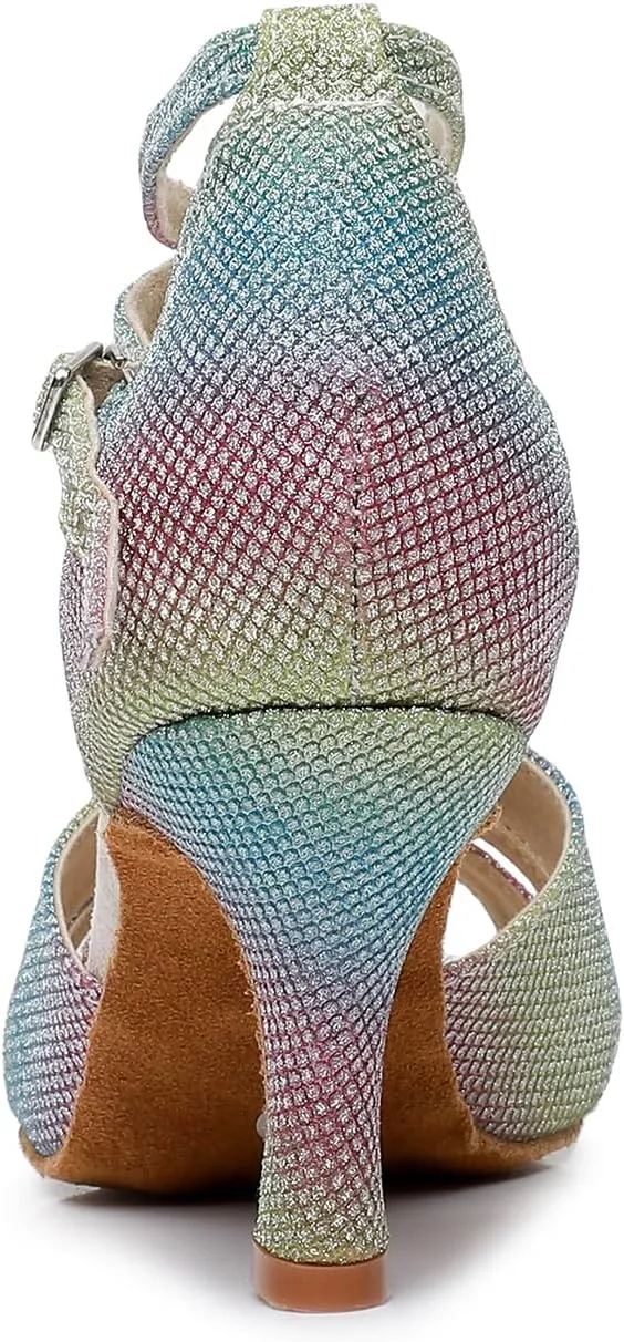 Women's Latin Dance Shoes Colorful Glitter Open Toe Ballroom Sparkling Professional Salsa Dancing Shoes