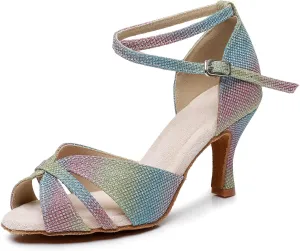 Women's Latin Dance Shoes Colorful Glitter Open Toe Ballroom Sparkling Professional Salsa Dancing Shoes