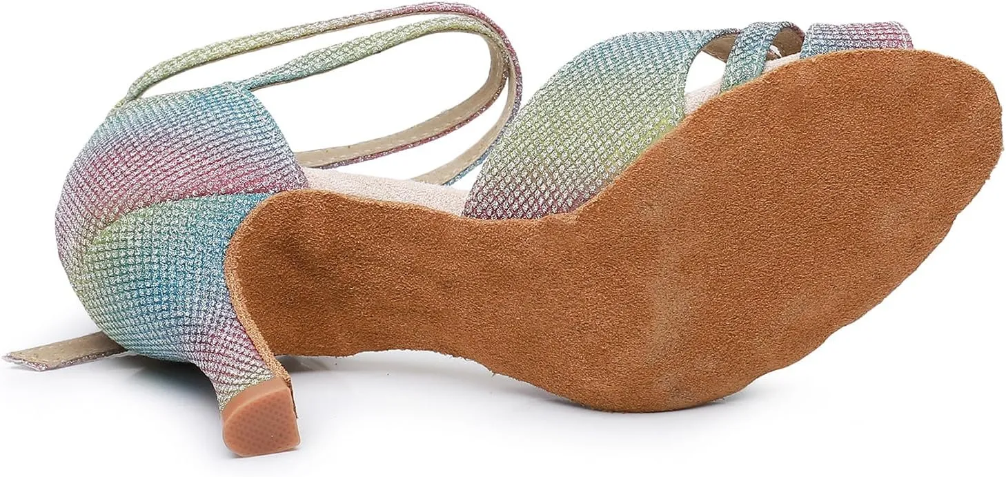 Women's Latin Dance Shoes Colorful Glitter Open Toe Ballroom Sparkling Professional Salsa Dancing Shoes
