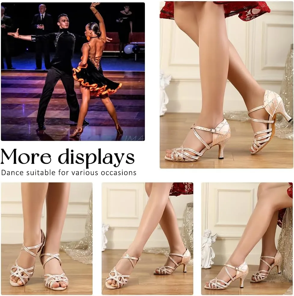 Women's Latin Dance Shoes Rhinestones Professional Ballroom Salsa Dance Shoes Suede Sole