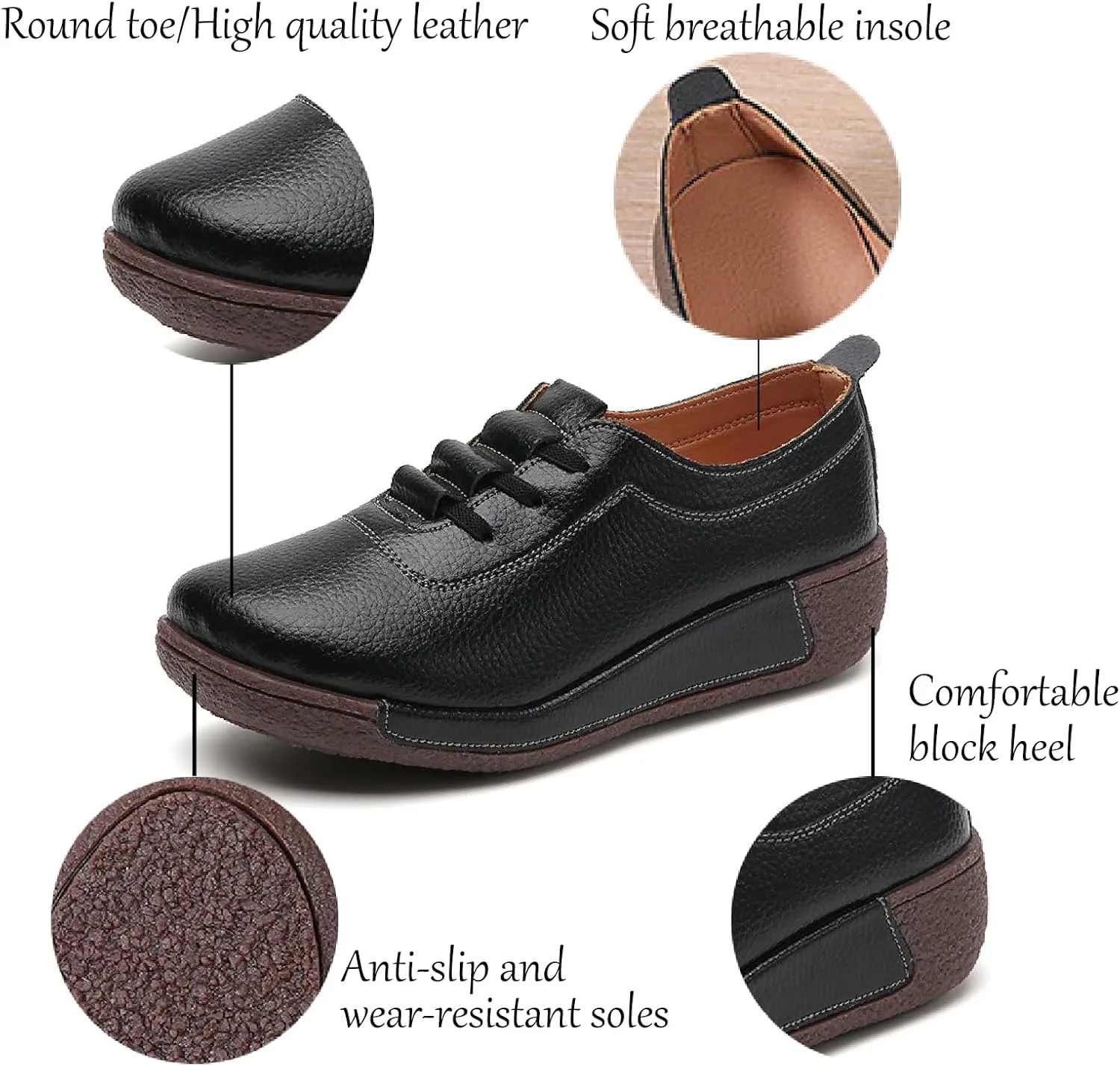 Women's Leather Platform Wedge Rocker Shoes Fashion Round Head Slip-On Thick Heel Walking Loafers Casual Non-Slip Comfort Work Office Dress Shoes