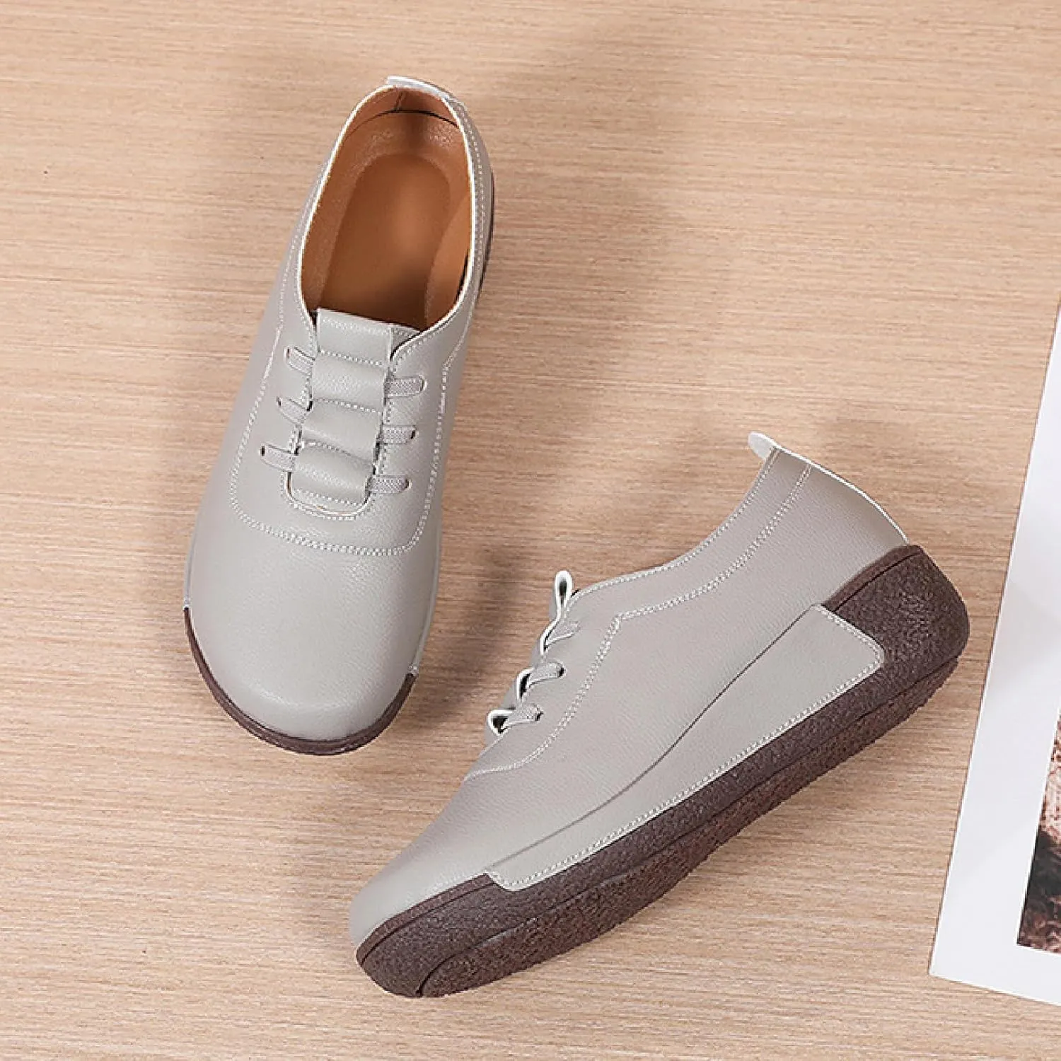 Women's Leather Platform Wedge Rocker Shoes Fashion Round Head Slip-On Thick Heel Walking Loafers Casual Non-Slip Comfort Work Office Dress Shoes