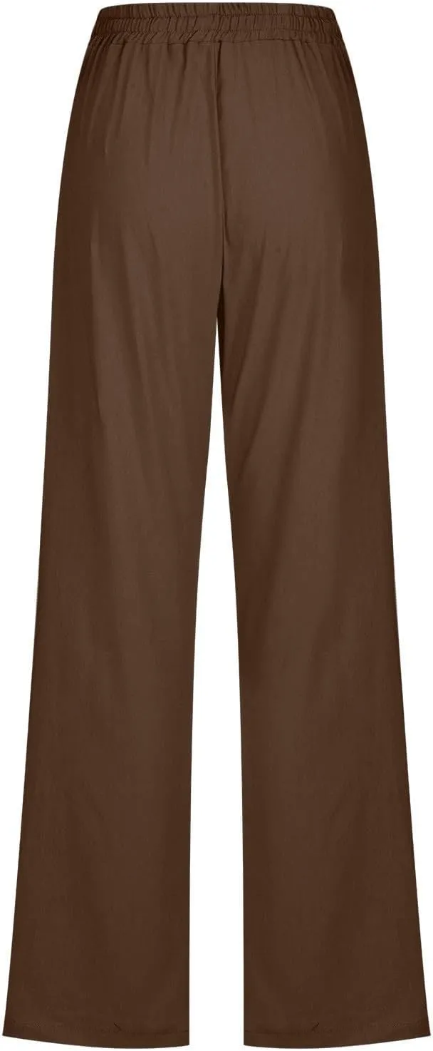 Womens Linen Blend Summer Letter Patched Pants Low Waist Wide Leg Slim Fit Trousers Office