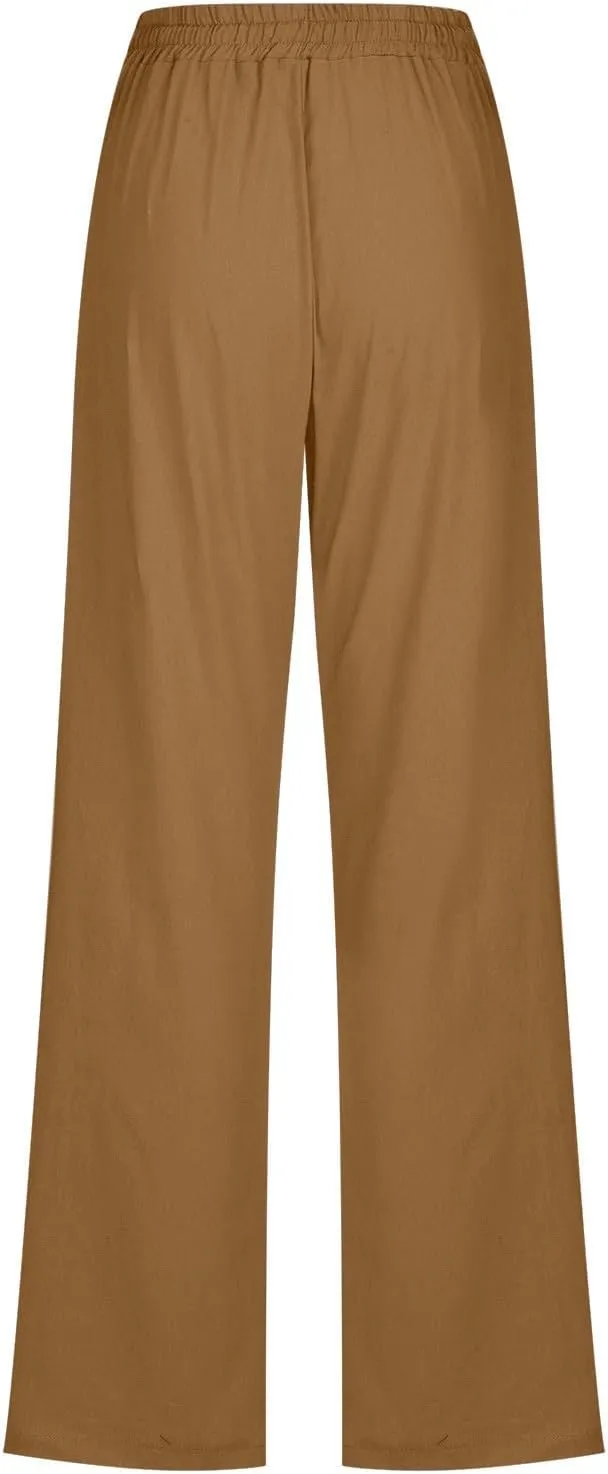 Womens Linen Blend Summer Letter Patched Pants Low Waist Wide Leg Slim Fit Trousers Office