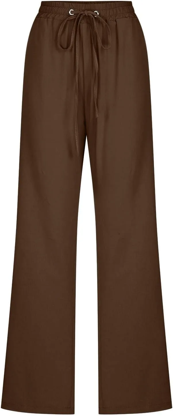 Womens Linen Blend Summer Letter Patched Pants Low Waist Wide Leg Slim Fit Trousers Office