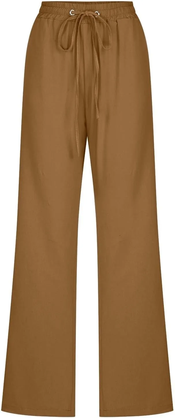 Womens Linen Blend Summer Letter Patched Pants Low Waist Wide Leg Slim Fit Trousers Office