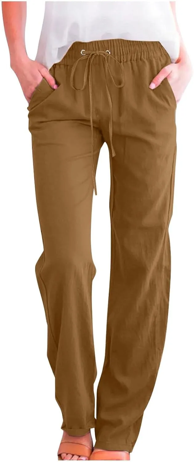 Womens Linen Blend Summer Letter Patched Pants Low Waist Wide Leg Slim Fit Trousers Office